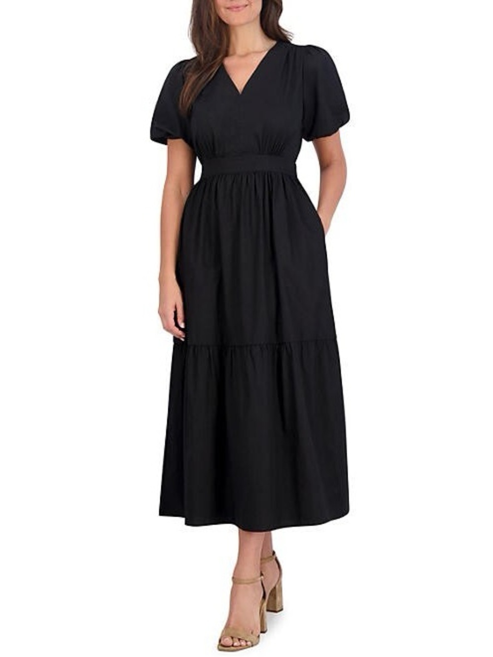 French Connection Black V-Neck Midi Dress with Puff Sleeves